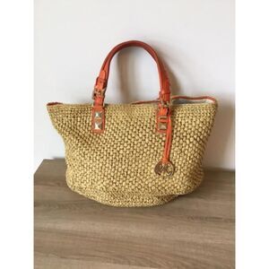 MICHAEL Michael Kors Santorini Raffia and Orange Leather Basket Tote Bag.